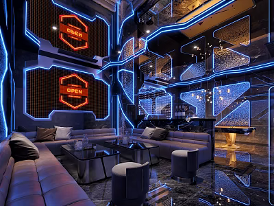 Modern KTV Interior With Neon Lights And Sofas 3d model