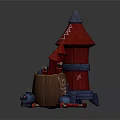 Colorful Cartoon Castle Ruins With Red Towers Blue Barrels And Toy Parts