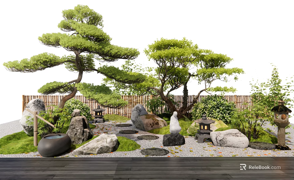 Traditional Courtyard Garden Design With Pine Trees Stone Lanterns Bamboo Fences And Stepping Stones 3d model 