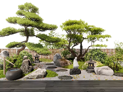 Traditional Courtyard Garden Design With Pine Trees Stone Lanterns Bamboo Fences And Stepping Stones 3d model