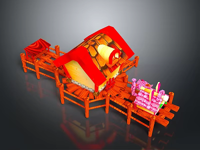 Scenic Countryside View with Red Roof Cottage Wooden Deck and Pink Flowers 3d model