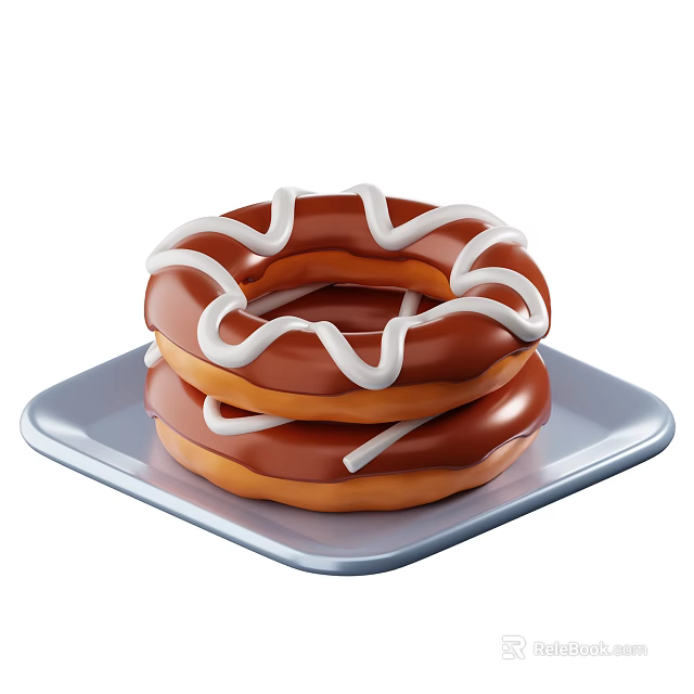 Two Chocolate Coated Donuts With White Icing Stacked On Blue Plate 3d model 