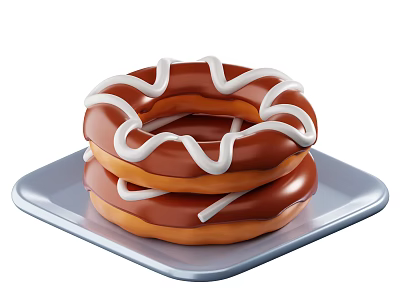 Two Chocolate Coated Donuts With White Icing Stacked On Blue Plate 3d model