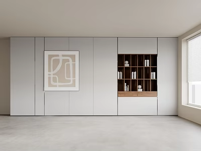 Modern Entryway And Side Cabinet With Light Gray Sleek Panels Open Bookshelves And Decorative Artwork 3d model