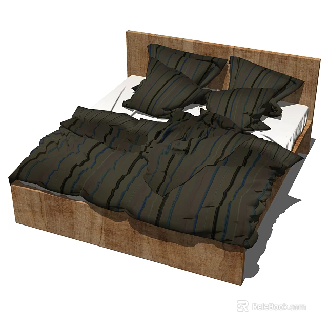 Double Bed With Wooden Frame White Mattress And Dark Blue Striped Bedding 3d model 