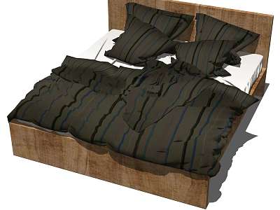 Double Bed With Wooden Frame White Mattress And Dark Blue Striped Bedding 3d model