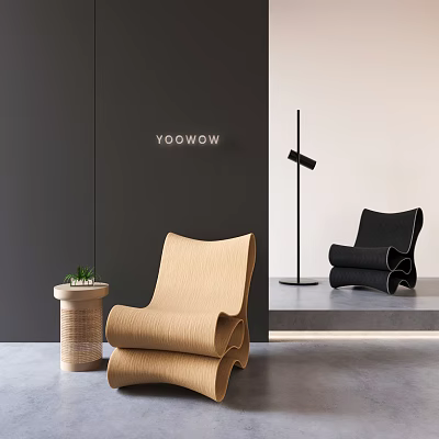 Modern Leisure Chair With Curved Design Beige Black Color Floor Lamp Side Table And Plant 3d model