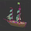 Wooden Pirate Ship Model With White Sails And Black Flag On Dark Background