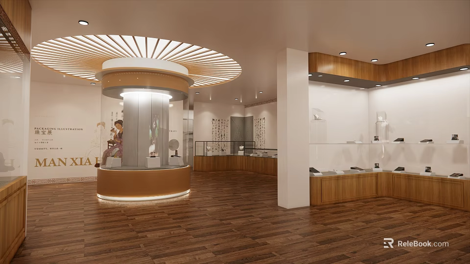 Modern Elegant Jewelry Store Interior With Circular Display Counter Glass Cases And Warm Lighting 3d model 