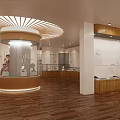 Modern Elegant Jewelry Store Interior With Circular Display Counter Glass Cases And Warm Lighting