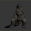 3D Godzilla Model Standing Pose With Blue Dorsal Fins And Rough Skin On Gray Background