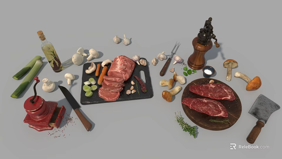 Assorted Fresh Raw Meat and Steak with Mushrooms Garlic Herbs and Olive Oil 3d model 