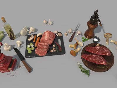 Assorted Fresh Raw Meat and Steak with Mushrooms Garlic Herbs and Olive Oil 3d model