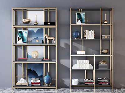 Modern Gold Frame Bookshelf With Decorative Books Artwork Vase And Sculpture On Marble Floor 3d model