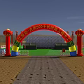 Event Venue Setup With Green Lawn Stage Red Arches And Blue Cars