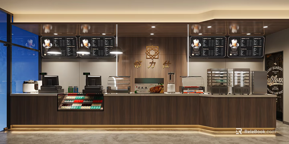 Modern Supermarket Department Store Interior With Service Counter Menu Boards Cash Registers And Display Cases 3d model 