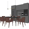 Modern Dining Table Set With Brown Leather Chairs And Gray Kitchen Cabinets 3d model