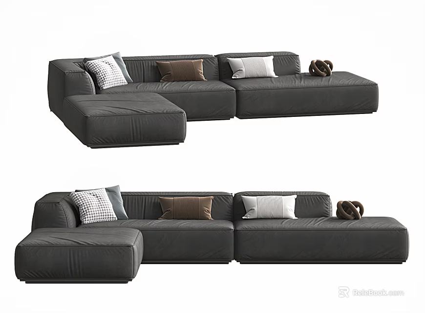 Modern Gray Sectional Sofa With Multiple Decorative Pillows For Living Room 3d model