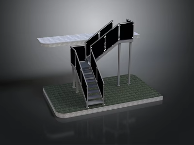Staircase And Platform Structure With Railings Grass Base White Top And Supporting Pillars 3d model