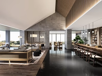 Elegant Modern Hotel Public Lounge Area With Comfortable Sofas And Wooden Bar Counter 3d model