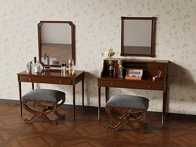Classic Wooden Dressing Tables With Mirrors Stools And Cosmetics On Wallpaper Background 3d model