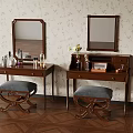 Classic Wooden Dressing Tables With Mirrors Stools And Cosmetics On Wallpaper Background