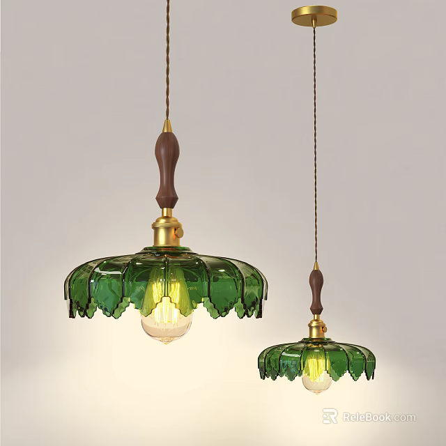 Elegant Green Glass Shade Pendant Lights With Wooden Rods And Brass Accents 3d model 
