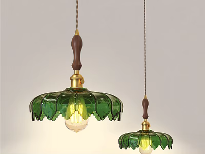 Elegant Green Glass Shade Pendant Lights With Wooden Rods And Brass Accents 3d model