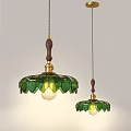 Elegant Green Glass Shade Pendant Lights With Wooden Rods And Brass Accents