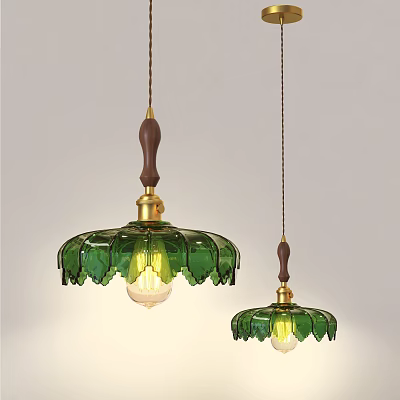 Elegant Green Glass Shade Pendant Lights With Wooden Rods And Brass Accents 3d model