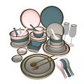 Dinnerware Set Pink Blue Gray With Gold Rim Plates Bowls Cups And Utensils