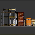 Assorted Furniture Collection With Wooden Shelves Metal Frame Cabinet And Barrels