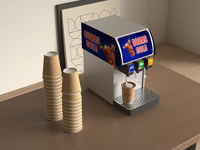 Modern Soda Beverage Dispenser Kitchen Appliance With Paper Cups On Countertop 3d model