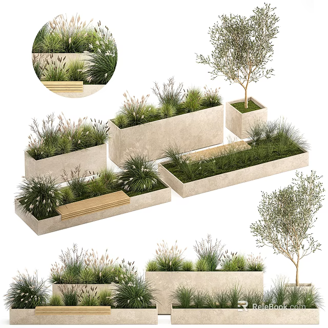 Modern Wooden Outdoor Chair in Garden Setting with Green Plants and Rectangular Planters 3d model 