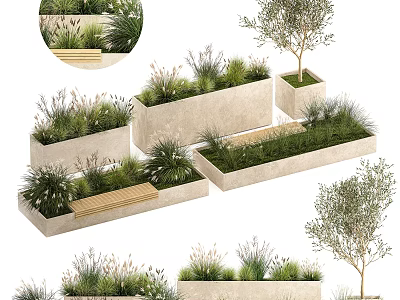 Modern Wooden Outdoor Chair in Garden Setting with Green Plants and Rectangular Planters 3d model