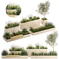 Modern Wooden Outdoor Chair in Garden Setting with Green Plants and Rectangular Planters