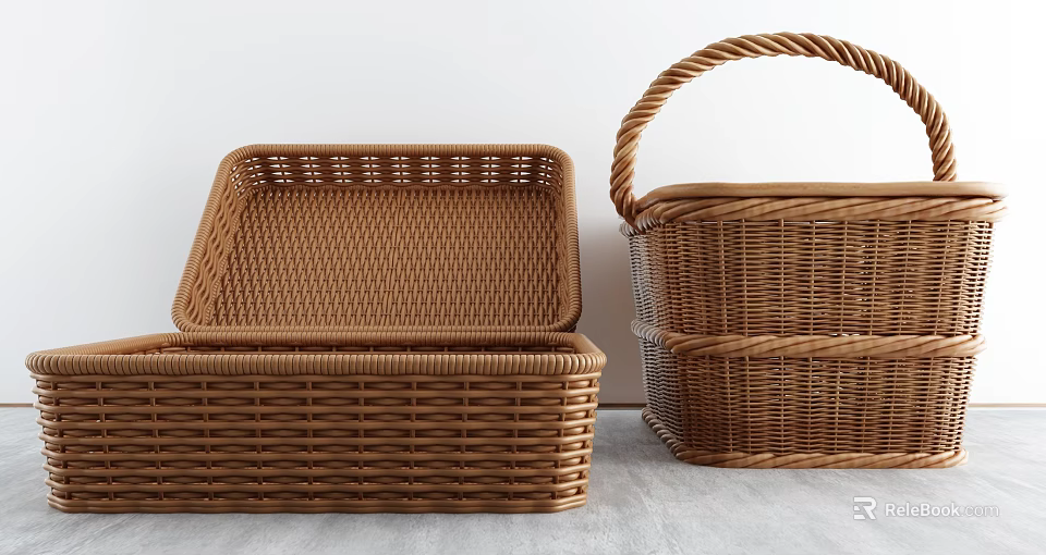 Brown Woven Storage Baskets with Handles Various Styles for Home Organizing 3d model 