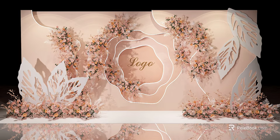 Elegant Wedding Backdrop With Pink Floral Decorations Logo Center And White Leaf Accents 3d model 