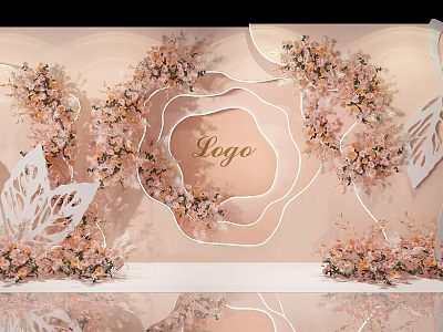 Elegant Wedding Backdrop With Pink Floral Decorations Logo Center And White Leaf Accents 3d model