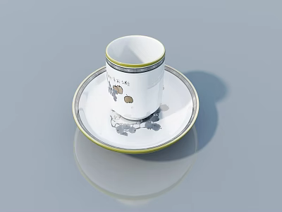 White Ceramic Cup With Saucer Yellow Rim And Gray Pattern On Gray Background With Reflection 3d model