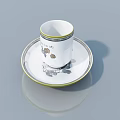 White Ceramic Cup With Saucer Yellow Rim And Gray Pattern On Gray Background With Reflection 3d model