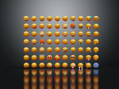 Decorative Ornament Set With Neatly Arranged Emoji Faces On Dark Background With Reflections 3d model