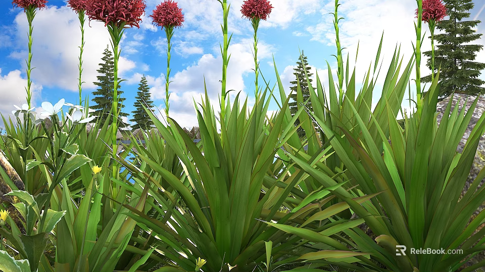 Green Leafy Shrubs With Red Flowers Against Blue Sky And Pine Trees 3d model 