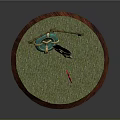 Decorative Weapon Model Featuring Red Sword And Blue Shield On Green Grass With Wooden Fence