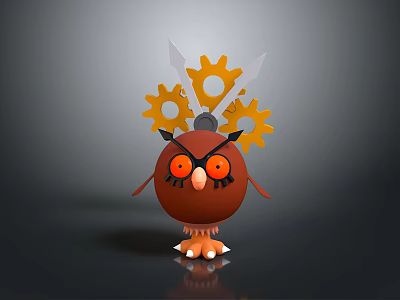 Cartoon Brown Owl Character With Red Eyes Gear And Knife On Head 3d model