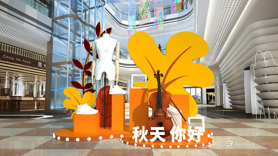 Autumn Themed Mall Display With Mannequin Violin Orange Platform And Yellow Leaves 3d model 