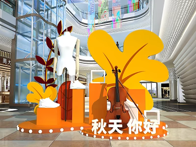 Autumn Themed Mall Display With Mannequin Violin Orange Platform And Yellow Leaves 3d model