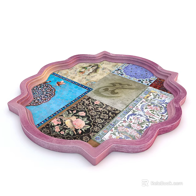 Unique Shaped Stylish Rug With Pink Border And Various Patterned Design Areas 3d model 