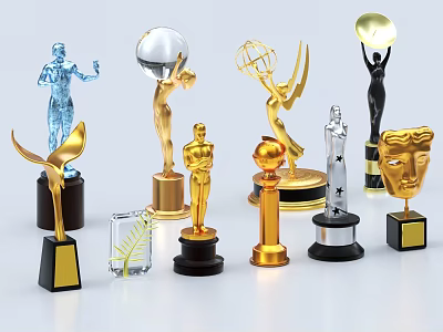 Various Trophies And Medals With Gold Silver Blue Designs And Decorative Bases 3d model