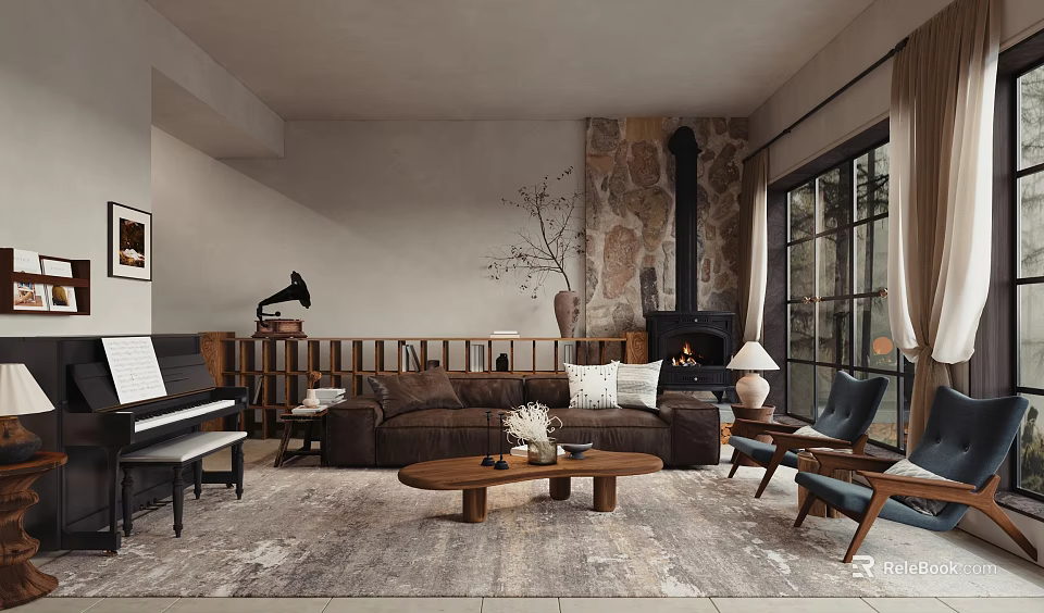 Cozy Living Room Interior With Brown Sofa Stone Fireplace Gramophone Piano And Wooden Coffee Table 3d model 